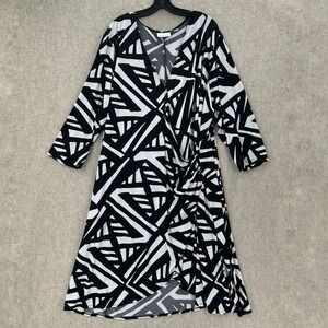 Avenue Faux Wrap Dress Womens 30/32 Black White Geometric Abstract 3/4 Sleeve